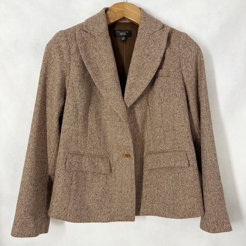 Talbots Wool Cotton Long Sleeve Brown Herringbone Blazer Women's Size 12W Petite